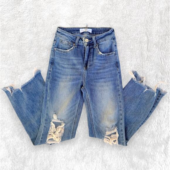 Risen Distressed Jeans | Straight Leg Denim | Size 0/24 - Picture 1 of 8
